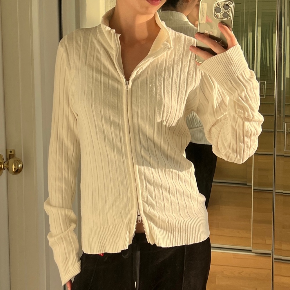 Cream Ribbed Double Zip-Up Sweater
